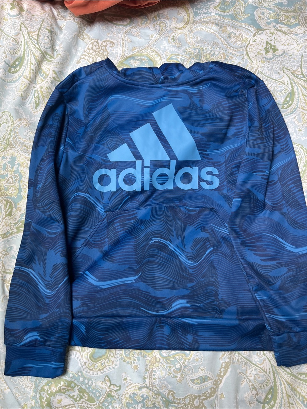 adidas Youth Blue fleece hoodie with camo all-over & Blue Logo - Size L